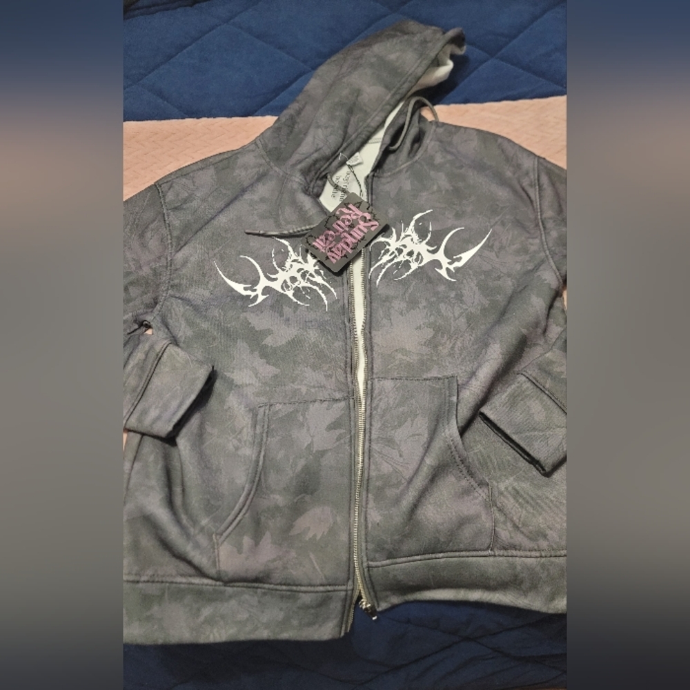 Gray Zip-Up Hoodie with White Graphic
